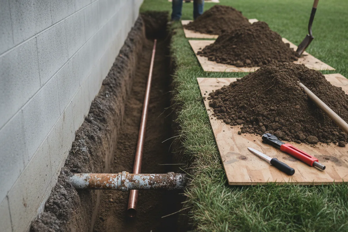 Excavated water line trench during Sewer Line Repair in Starke